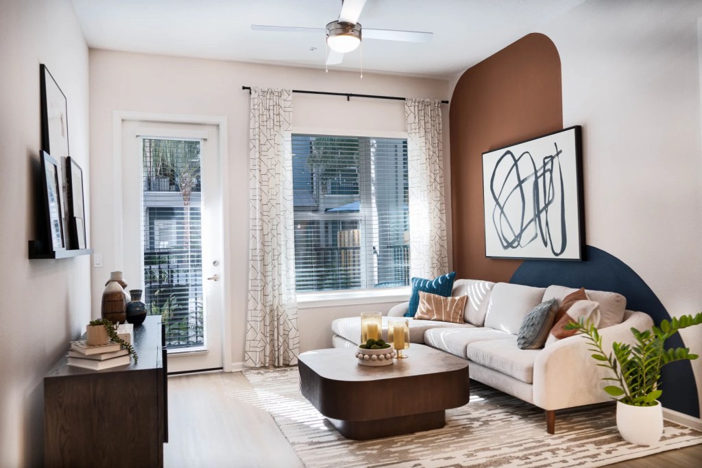 Staged living room with sliding doors