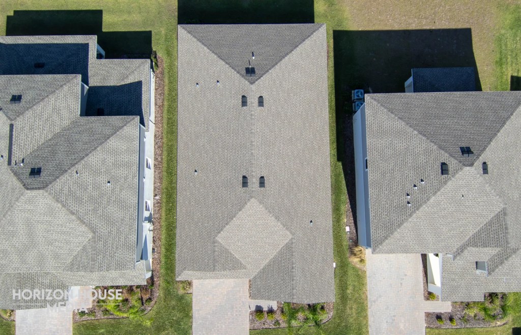 Aerial view of neighborhood rooftops